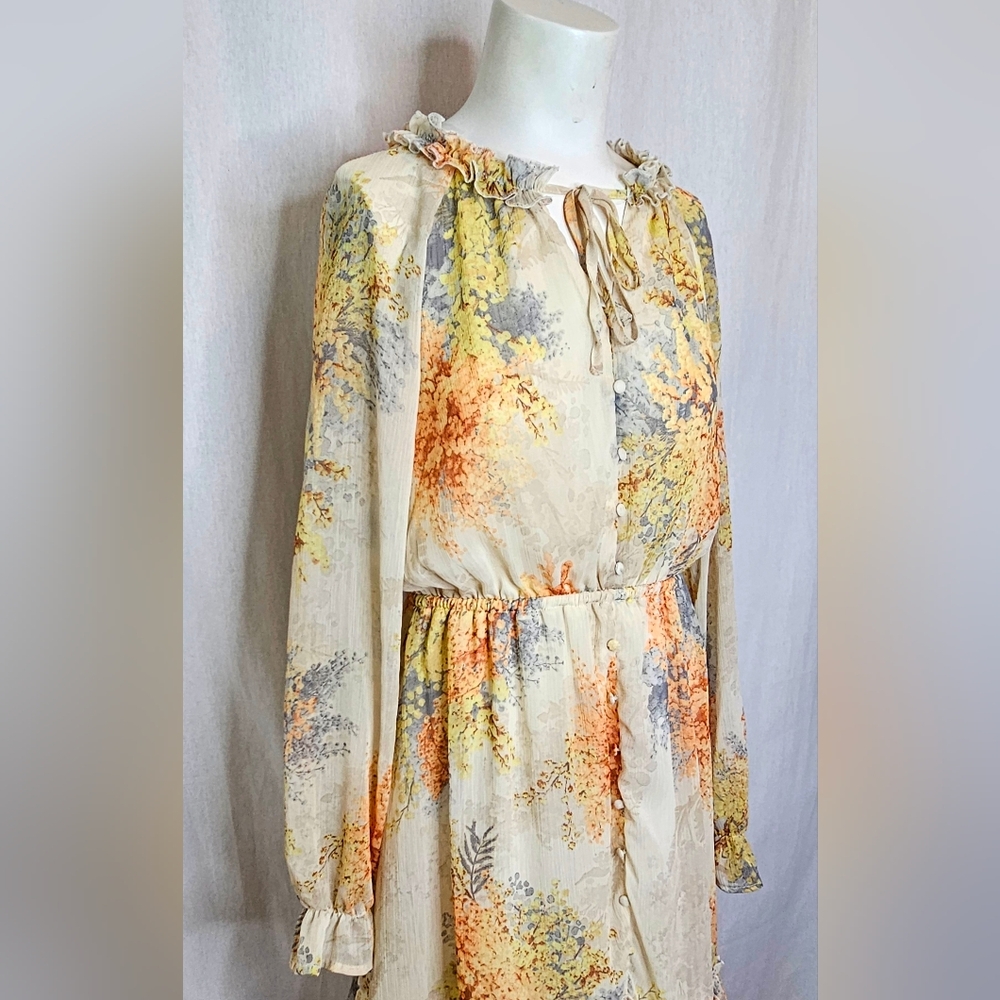 Indigo Rose Boho Floral Long Bishop Sleeves‎ w Ruffles Dress Size M